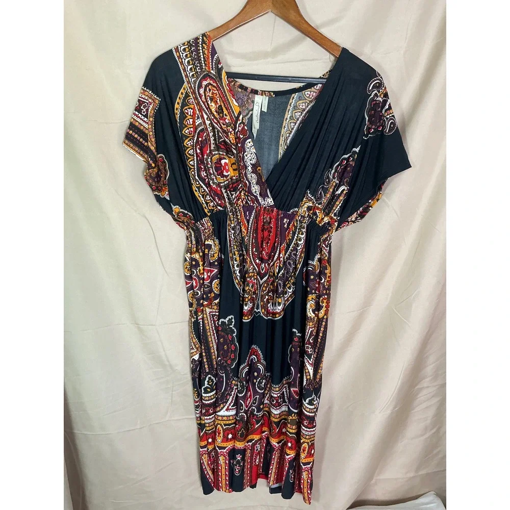 Cristina Love Paisley Empire Waist Dress Womens XL Black Red Excellent Boho Midi - Picture 5 of 12